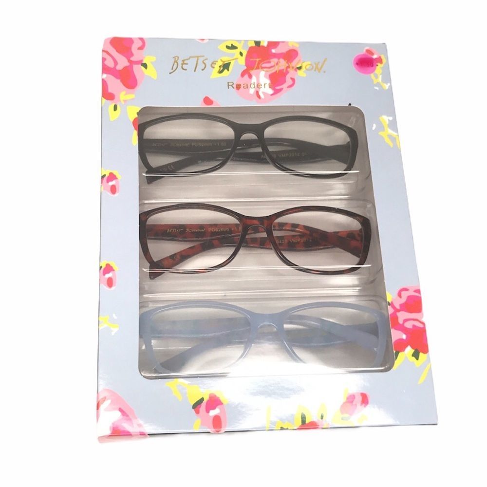 Betsey Johnson 3 Pack Reading Glasses Black Blue Brown Strength +2.00